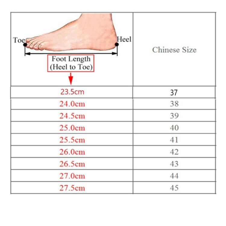 Men's sandal size chart: foot length (heel to toe) mapped to Chinese sizes 37–45