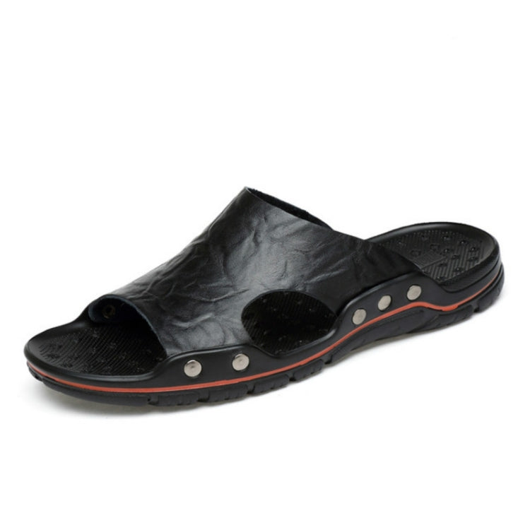 Men's microfiber slide sandals with open toe and perforated footbed, orange-trim outsole (black)