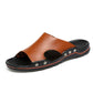 Men's microfiber slide sandals with brown upper, black toe, perforations and metal button accents
