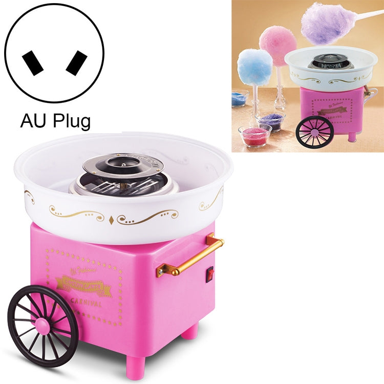 Pink retro cotton candy trolley machine with white bowl, black heater top, and front cart wheel.