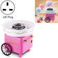Pink cotton candy trolley machine with UK plug, top bowl, and front wheel cart
