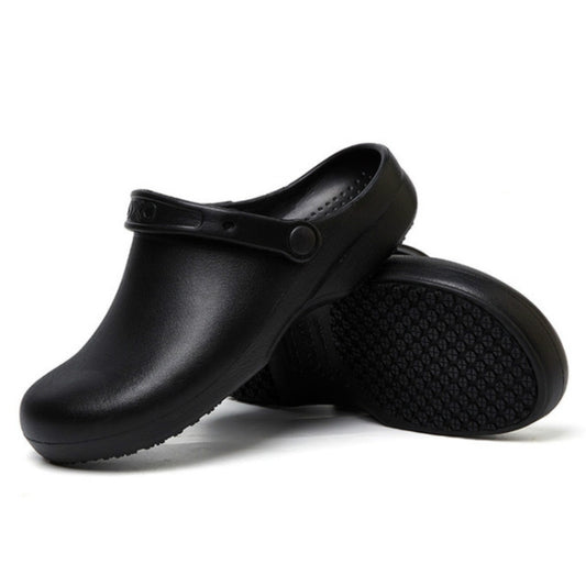 Black slip-on clogs with buckle strap and textured side panel opening
