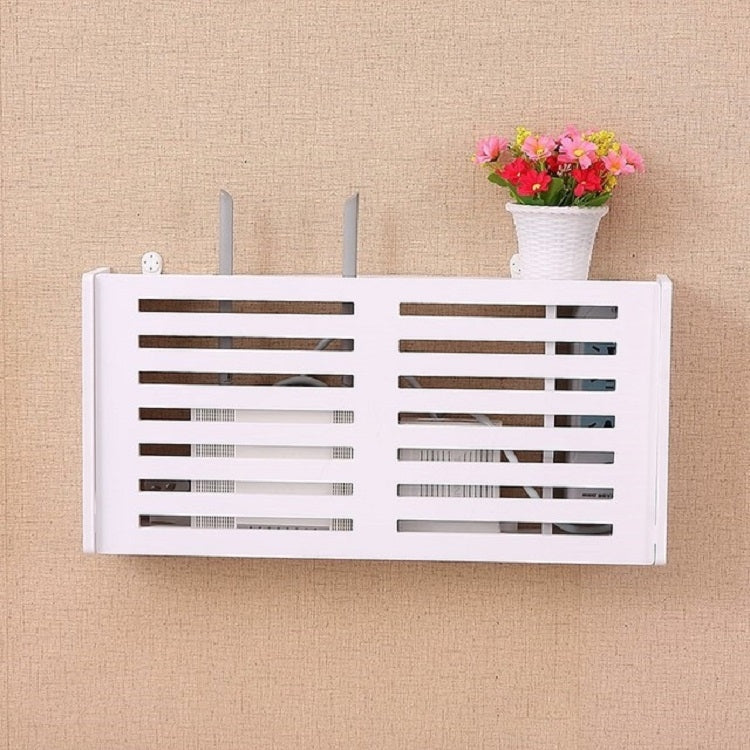 White wall-mounted router storage box with louver vent slats and two hanging side rods
