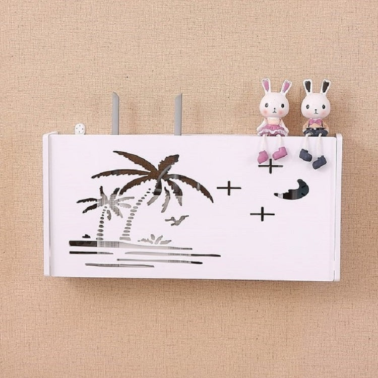 White wall-mounted router storage box with palm tree cutout and plus-sign accents, two side rods