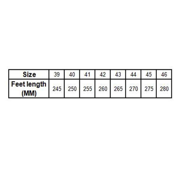 Size chart table: EU sizes 39 to 46 with feet length in millimeters
