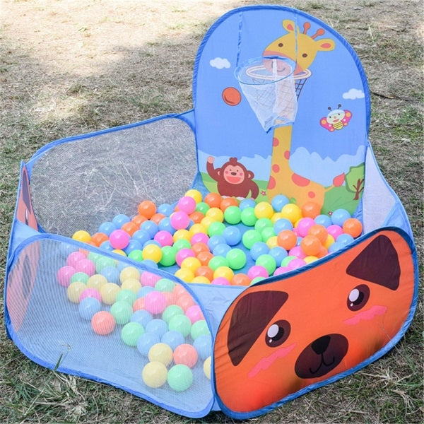 Blue kids pop-up play tent with animal print, mesh basketball hoop and colorful ball pit
