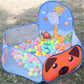 Blue kids play tent with animal face panel, mesh basketball hoop, and colorful plastic balls