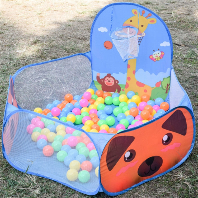 Blue kids play tent with animal face panel, mesh basketball hoop, and colorful plastic balls