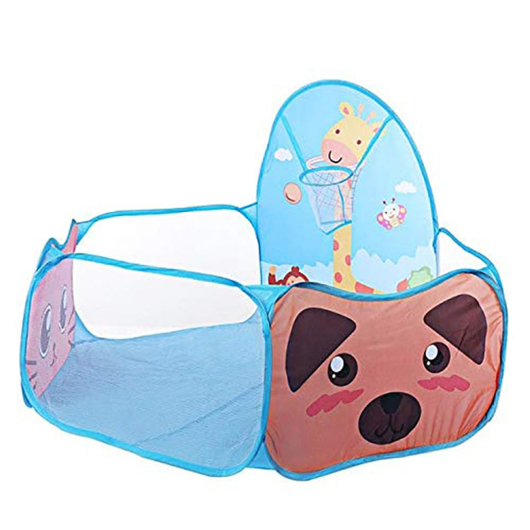 Blue kids foldable play tent with dog face front and basketball hoop net