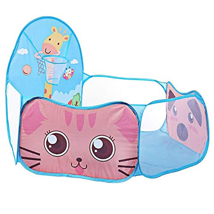 Blue and pink kids play tunnel tent with cat face panels and basketball hoop