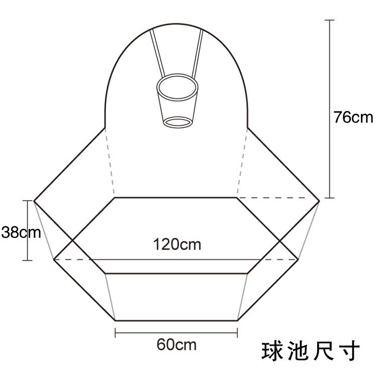 Play tent size diagram: 60cm wide, 120cm long, 76cm high, 38cm depth