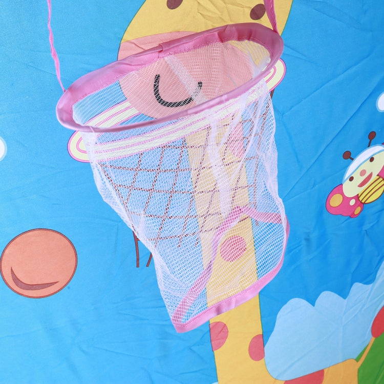 Close-up of mesh basketball hoop on blue play tent with colorful balls