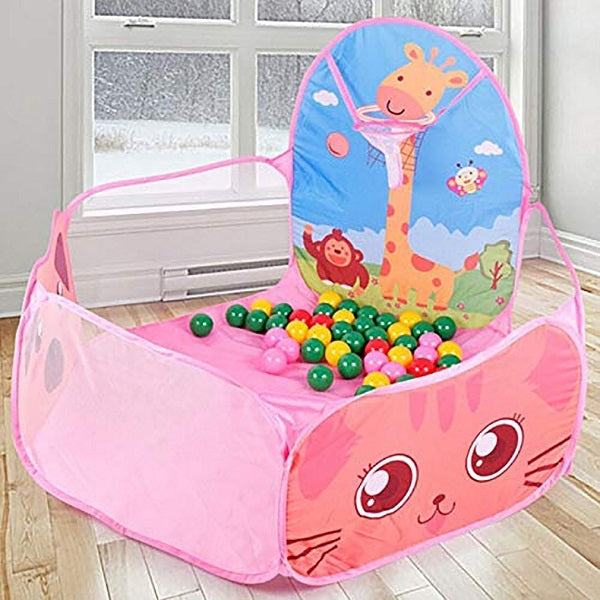 Pink kids play tent with giraffe print, ball pit, and mesh basketball hoop