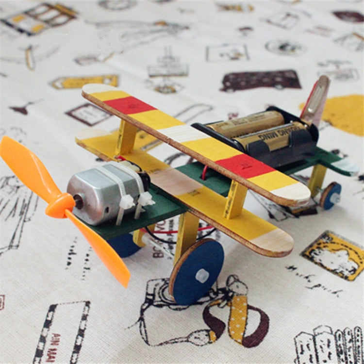 Electric wooden toy airplane model with colorful strip wings, black motor, and wheels
