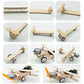 Electric wooden airplane model shown in multiple angles with orange propeller and wheels