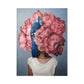 Frameless canvas wall art portrait of woman with pink blossoms and blue feather