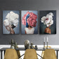 3-panel framed canvas wall art set with white and pink flower portrait women