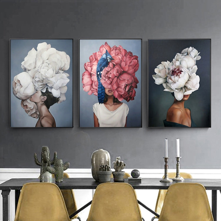 3-panel framed canvas wall art set with white and pink flower portrait women