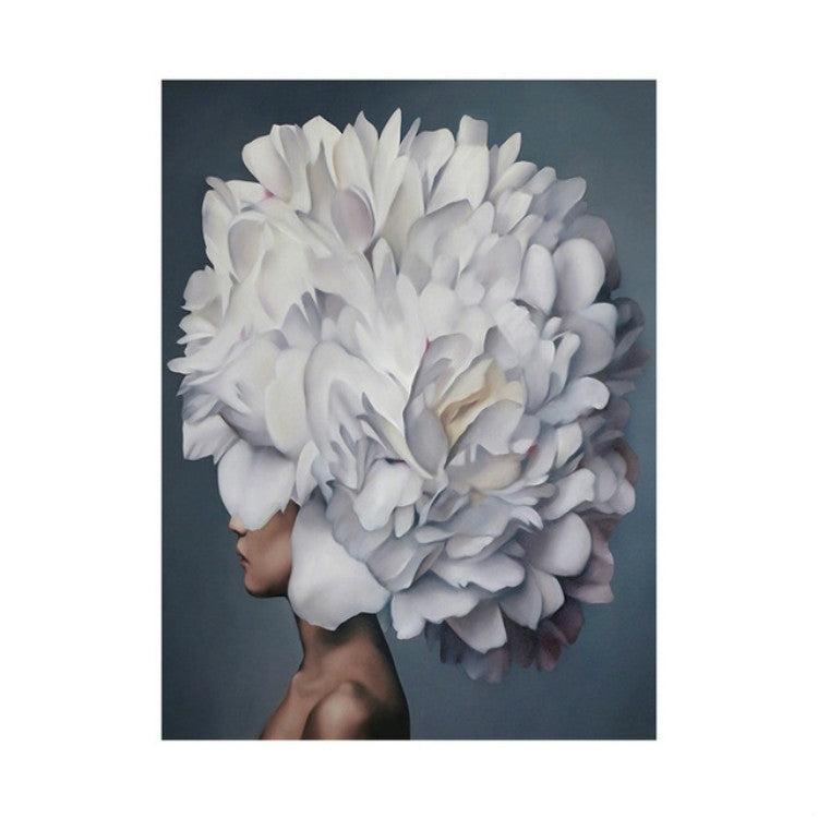 Frameless canvas wall art with white flower head and woman profile