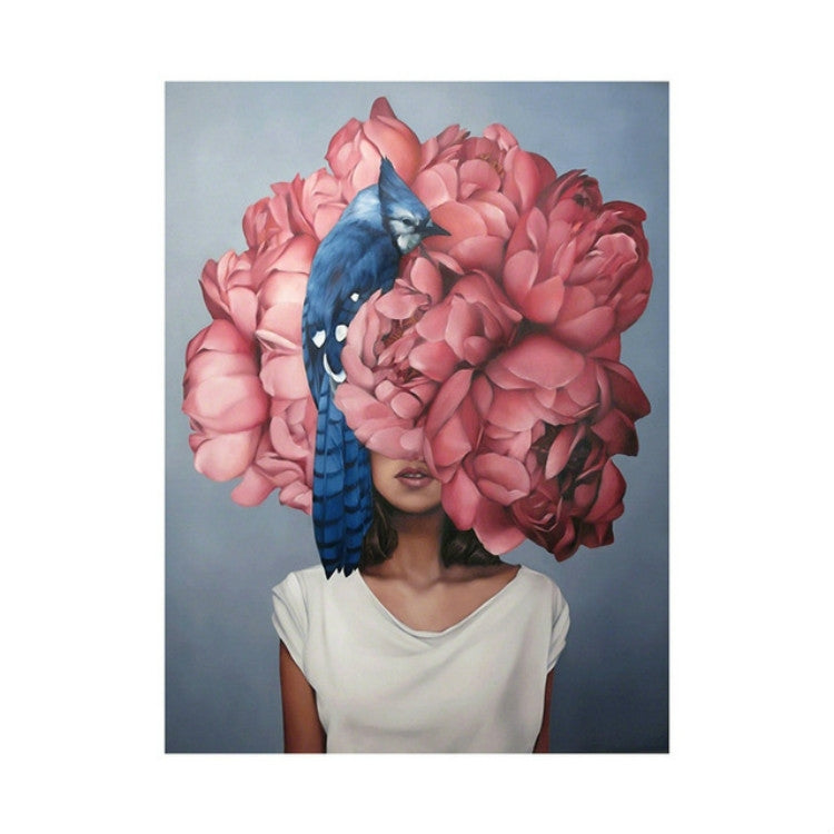 Frameless canvas wall art portrait of woman with blue feather and pink flower crown