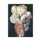 Frameless canvas wall art of woman with layered white flower headpiece and beige tones