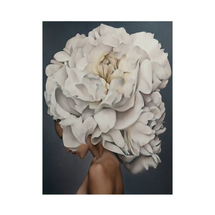 Frameless canvas wall art portrait of woman with large white flower headpiece