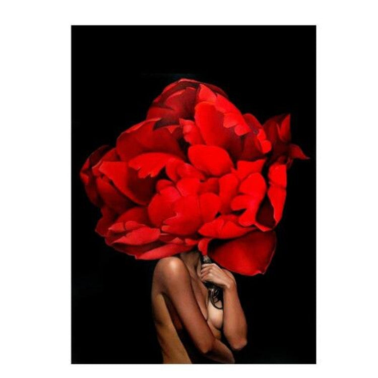 Frameless canvas wall art with red rose bouquet and woman portrait