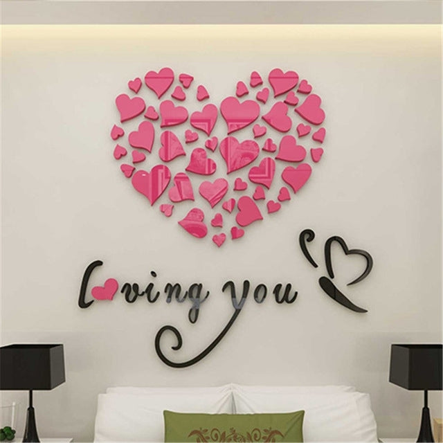 Pink heart wall sticker set with “loving you” script and heart icons