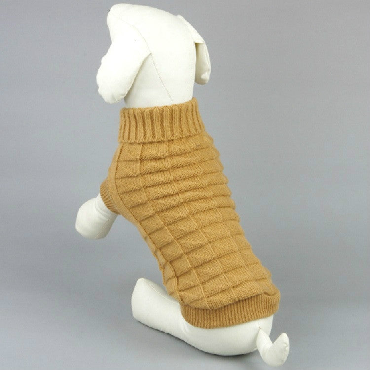 Tan knitted dog sweater with ribbed turtleneck and hem, cable knit design.