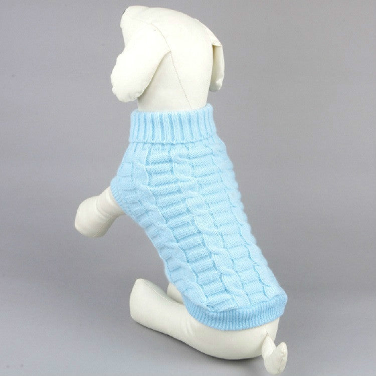 Light blue knit dog sweater with ribbed collar and textured striped pattern