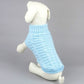 Light blue dog sweater with ribbed collar and cable knit texture, full body coverage