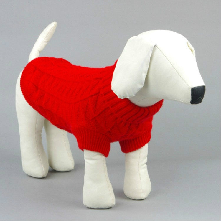 Red knit dog sweater with ribbed collar and cuffs for small dogs