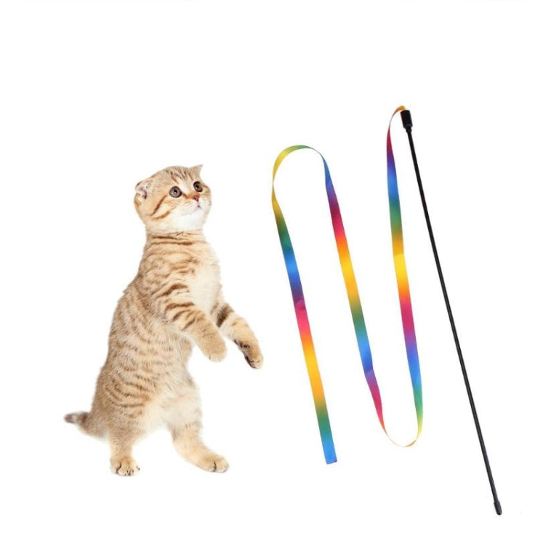 Cat toy stick with rainbow cloth strip ribbons and dangling rainbow tails