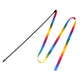 Cat toy wand with three rainbow cloth strips attached to a black handle