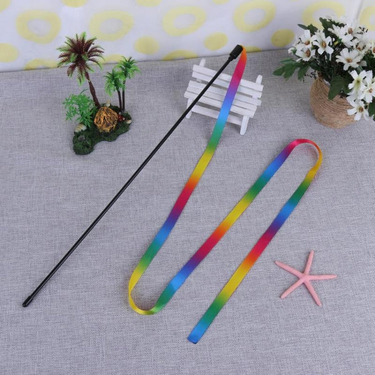 Cat toy wand with three rainbow cloth strips attached, for swatting