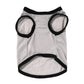 Light gray pet vest with black trim, open armholes, and curved lower hem