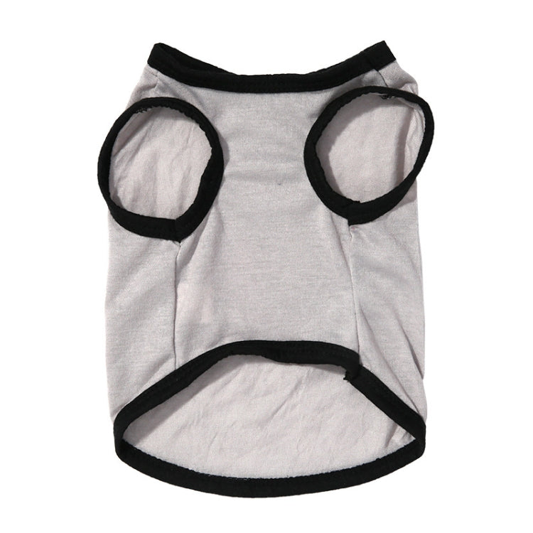 Light gray pet vest with black trim, open armholes, and curved lower hem
