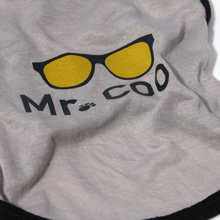 Light gray pet vest close-up of Mr. Cool graphic with yellow sunglasses print