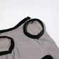 Light gray pet vest close-up back view with black trim around armholes