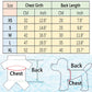 Pet vest size chart with chest girth and back length measurements for XS–XL