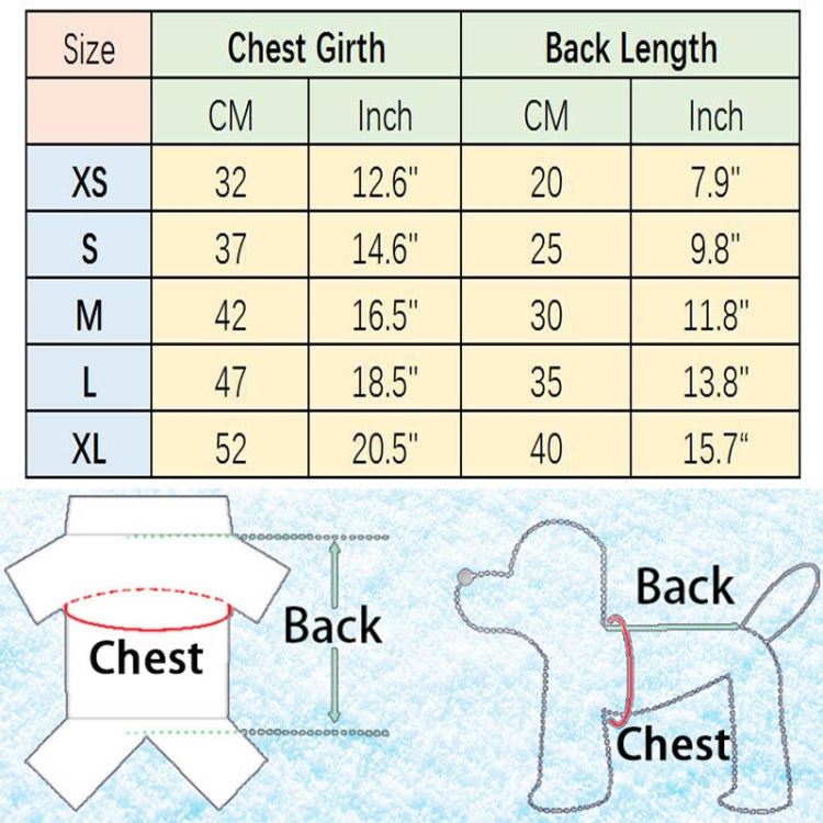 Pet vest size chart with chest girth and back length measurements for XS–XL