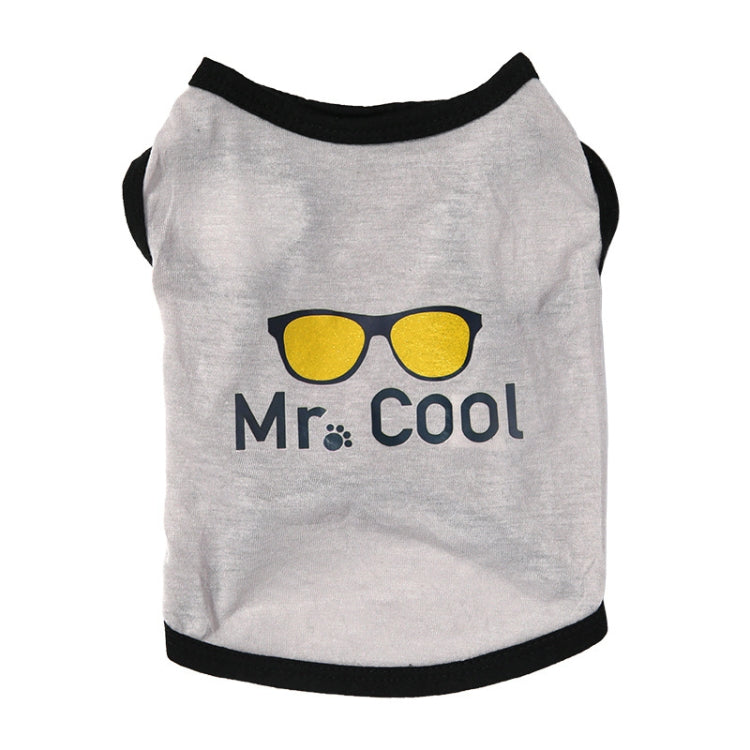 Light gray pet vest with black trim and 'Mr. Cool' graphic
