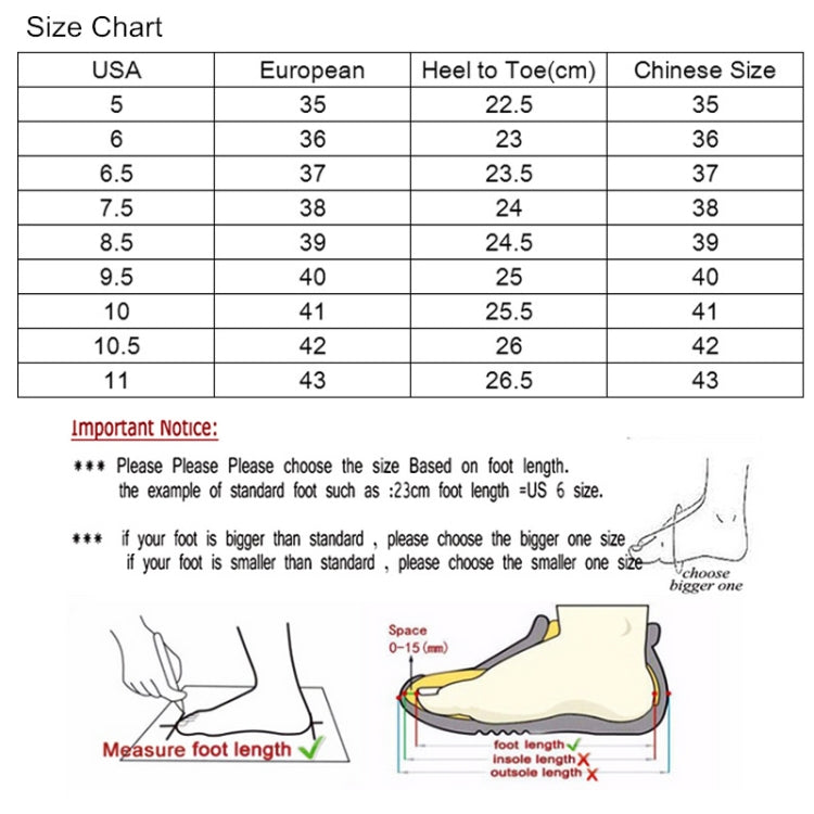 Size chart for breathable sneakers flats, with USA, European sizes, and foot-length guide