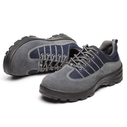 Lace-up puncture-resistant safety shoes in gray and navy with rugged tread sole