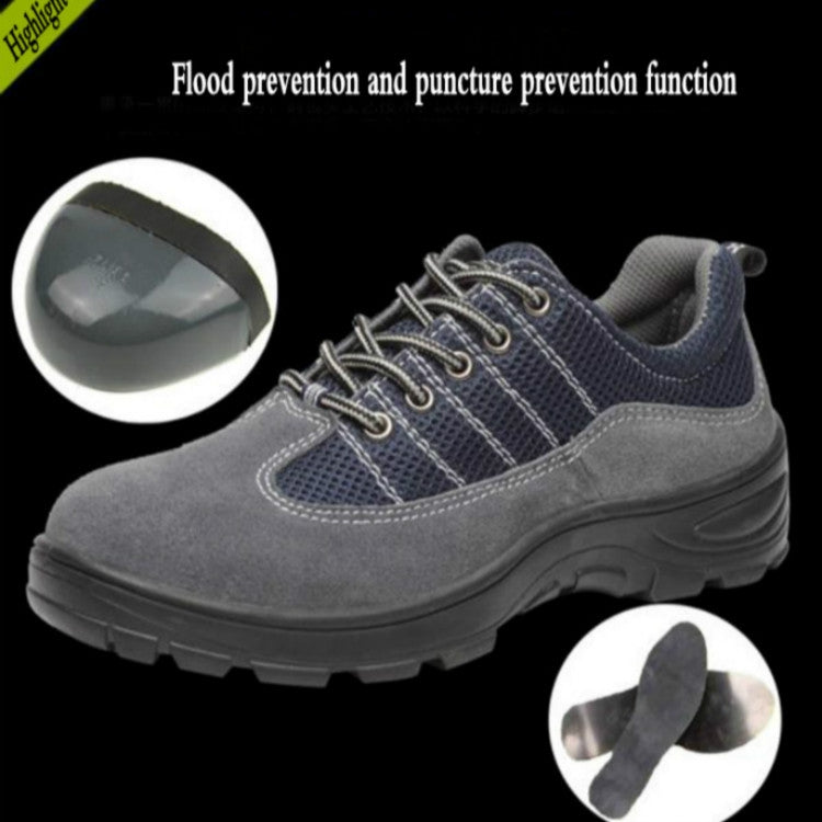 Gray and navy lace-up safety shoe with mesh side panels and cushioned collar