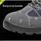 Close-up of gray and navy safety shoe upper with mesh panel and water droplets