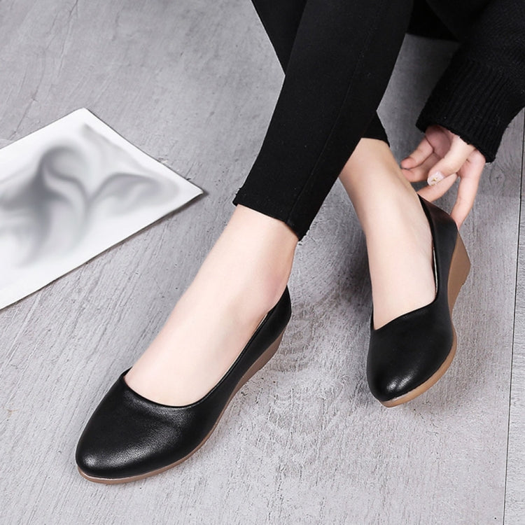 Black wedge women’s shoes with round toe and low stacked heel