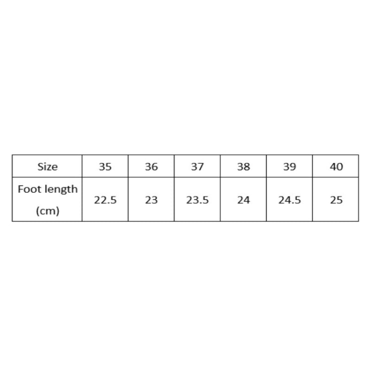 Size chart foot length: 35 22.5cm, 36 23cm, 37 23.5cm, 38 24cm, 39 24.5cm