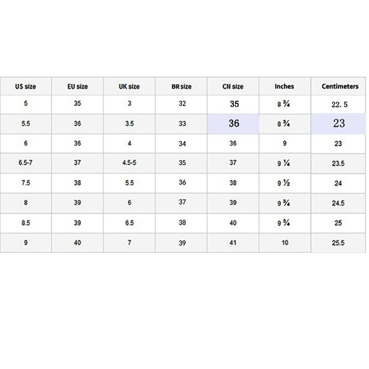 Shoe size chart table with US, EU, UK, BR, CN sizes, inches and centimeters