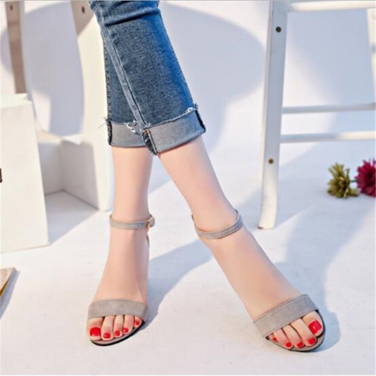 Women’s open-toe ankle strap sandals with block heel, gray with open toe